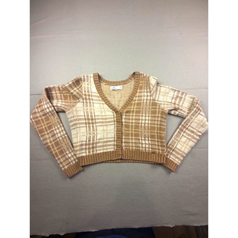Hollister Knit Plaid V-Neck Button Cardigan Sweater Brown Ivory Women's M